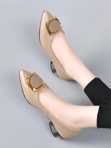 2024 Spring New Arrival Women's Chunky Heel Shoes, Pointed Toe Square Buckle Large Size Fashionable 2024 Spring New Arrival Women's Chunky Heel Shoes, Pointed Toe Square Buckle Large Size Fashionable