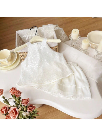 2024 Summer New Arrival Sparkle Decor Sleeveless Top And Skirt Set For Little Girls 2024 Summer New Arrival Sparkle Decor Sleeveless Top And Skirt Set For Little Girls