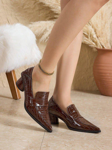 2024 Winter New Arrivals Chunky Heel Pointed Toe High Heels, Stone Pattern Faux Patent Leather Color Block 2024 Winter New Arrivals Chunky Heel Pointed Toe High Heels, Stone Pattern Faux Patent Leather Color Block