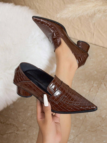 2024 Winter New Arrivals Chunky Heel Pointed Toe High Heels, Stone Pattern Faux Patent Leather Color Block 2024 Winter New Arrivals Chunky Heel Pointed Toe High Heels, Stone Pattern Faux Patent Leather Color Block