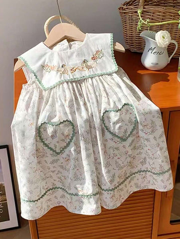 2025 Summer Girls Dress, Adorable Lace Collar, Lily Flower Print Short Sleeve Knee Length Dress, Sweet Girl Style 2025 Summer Girls Dress, Adorable Lace Collar, Lily Flower Print Short Sleeve Knee Length Dress, Sweet Girl Style