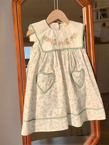 2025 Summer Girls Dress, Adorable Lace Collar, Lily Flower Print Short Sleeve Knee Length Dress, Sweet Girl Style 2025 Summer Girls Dress, Adorable Lace Collar, Lily Flower Print Short Sleeve Knee Length Dress, Sweet Girl Style