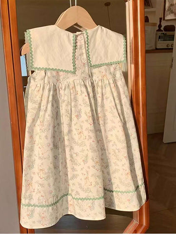 2025 Summer Girls Dress, Adorable Lace Collar, Lily Flower Print Short Sleeve Knee Length Dress, Sweet Girl Style 2025 Summer Girls Dress, Adorable Lace Collar, Lily Flower Print Short Sleeve Knee Length Dress, Sweet Girl Style