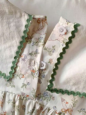 2025 Summer Girls Dress, Adorable Lace Collar, Lily Flower Print Short Sleeve Knee Length Dress, Sweet Girl Style 2025 Summer Girls Dress, Adorable Lace Collar, Lily Flower Print Short Sleeve Knee Length Dress, Sweet Girl Style