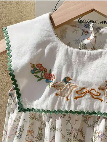 2025 Summer Girls Dress, Adorable Lace Collar, Lily Flower Print Short Sleeve Knee Length Dress, Sweet Girl Style 2025 Summer Girls Dress, Adorable Lace Collar, Lily Flower Print Short Sleeve Knee Length Dress, Sweet Girl Style