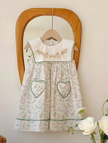 2025 Summer Girls Dress, Adorable Lace Collar, Lily Flower Print Short Sleeve Knee Length Dress, Sweet Girl Style 2025 Summer Girls Dress, Adorable Lace Collar, Lily Flower Print Short Sleeve Knee Length Dress, Sweet Girl Style