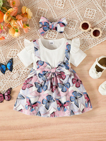 2pcs/Set Baby Girls Butterfly Print Short Sleeve Dress + Headband 2pcs/Set Baby Girls Butterfly Print Short Sleeve Dress + Headband