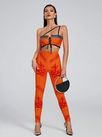 2pcs/Set Fashionable Bandage Print Tie-Up Shoulder Blouse And Skinny Pants 2pcs/Set Fashionable Bandage Print Tie-Up Shoulder Blouse And Skinny Pants