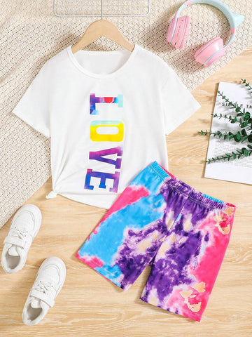 2pcs/Set Girls" Casual Letter Print Short Sleeve T-Shirt And Tie-Dye Printed Shorts Set For Summer Vacation 2pcs/Set Girls" Casual Letter Print Short Sleeve T-Shirt And Tie-Dye Printed Shorts Set For Summer Vacation