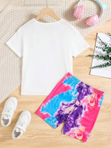 2pcs/Set Girls" Casual Letter Print Short Sleeve T-Shirt And Tie-Dye Printed Shorts Set For Summer Vacation 2pcs/Set Girls" Casual Letter Print Short Sleeve T-Shirt And Tie-Dye Printed Shorts Set For Summer Vacation