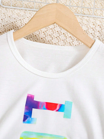 2pcs/Set Girls" Casual Letter Print Short Sleeve T-Shirt And Tie-Dye Printed Shorts Set For Summer Vacation 2pcs/Set Girls" Casual Letter Print Short Sleeve T-Shirt And Tie-Dye Printed Shorts Set For Summer Vacation