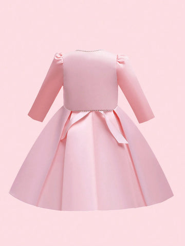 2pcs/Set Girls Party Dress: Sequin Decor Sleeveless Dress And Pearl Embellished Long Sleeve Jacket 2pcs/Set Girls Party Dress: Sequin Decor Sleeveless Dress And Pearl Embellished Long Sleeve Jacket