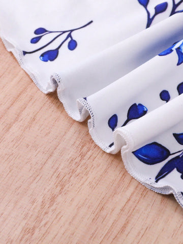 2pcs/Set Girls Sleeveless Shoulder Revealing Dress, Blue Plaid & Floral Print, Casual Fashion 2pcs/Set Girls Sleeveless Shoulder Revealing Dress, Blue Plaid & Floral Print, Casual Fashion