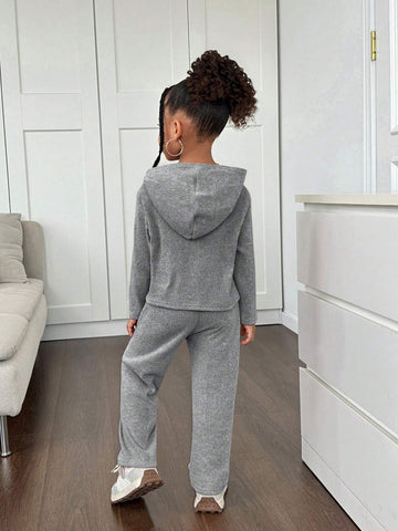 2pcs/Set Girls Sweatshirt & Pants Set, Reversible Fleece Rib-Knit, For Daily Casual Wear, Autumn 2pcs/Set Girls Sweatshirt & Pants Set, Reversible Fleece Rib-Knit, For Daily Casual Wear, Autumn