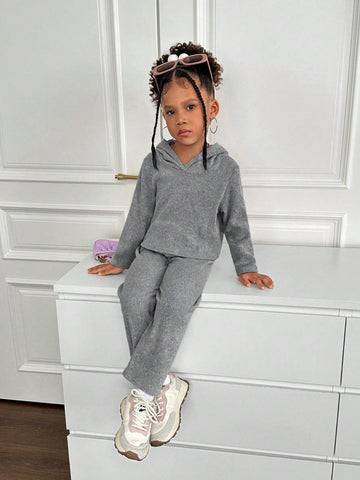 2pcs/Set Girls Sweatshirt & Pants Set, Reversible Fleece Rib-Knit, For Daily Casual Wear, Autumn 2pcs/Set Girls Sweatshirt & Pants Set, Reversible Fleece Rib-Knit, For Daily Casual Wear, Autumn