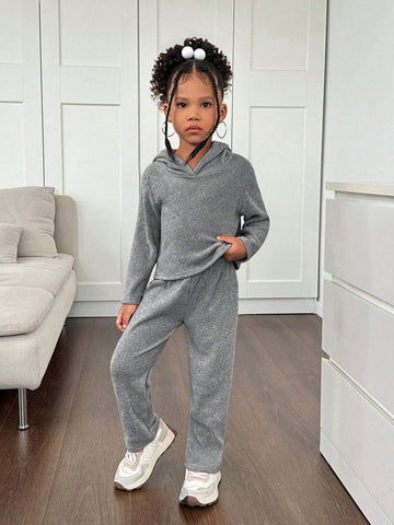 2pcs/Set Girls Sweatshirt & Pants Set, Reversible Fleece Rib-Knit, For Daily Casual Wear, Autumn 2pcs/Set Girls Sweatshirt & Pants Set, Reversible Fleece Rib-Knit, For Daily Casual Wear, Autumn