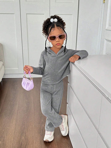 2pcs/Set Girls Sweatshirt & Pants Set, Reversible Fleece Rib-Knit, For Daily Casual Wear, Autumn 2pcs/Set Girls Sweatshirt & Pants Set, Reversible Fleece Rib-Knit, For Daily Casual Wear, Autumn