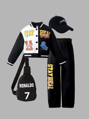 2pcs/Set Toddler Girls'' Casual Letter Print Baseball Jacket And Matching Pants Set 2pcs/Set Toddler Girls'' Casual Letter Print Baseball Jacket And Matching Pants Set