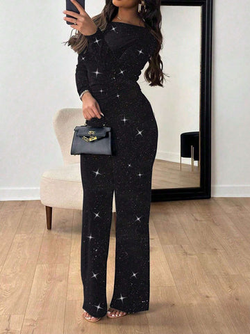 2pcs/Set Women Elegant Oblique Shoulder Long Sleeve Top & Casual Pants Suit 2pcs/Set Women Elegant Oblique Shoulder Long Sleeve Top & Casual Pants Suit