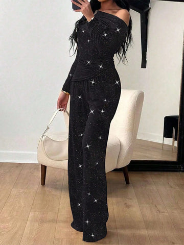2pcs/Set Women Elegant Oblique Shoulder Long Sleeve Top & Casual Pants Suit 2pcs/Set Women Elegant Oblique Shoulder Long Sleeve Top & Casual Pants Suit