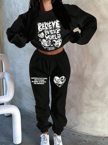 2pcs/Set Women Heart & Letter Printed Casual Sports Sweatshirt Set 2pcs/Set Women Heart & Letter Printed Casual Sports Sweatshirt Set