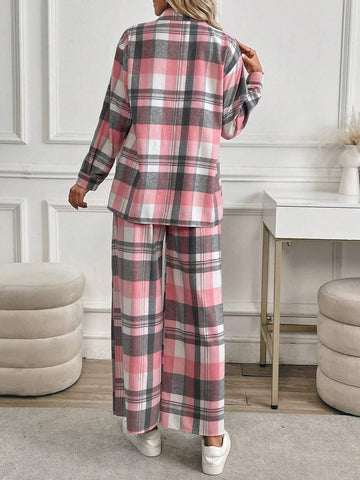 2pcs/Set Women Plaid Print Button Front Casual Long Sleeve Set 2pcs/Set Women Plaid Print Button Front Casual Long Sleeve Set