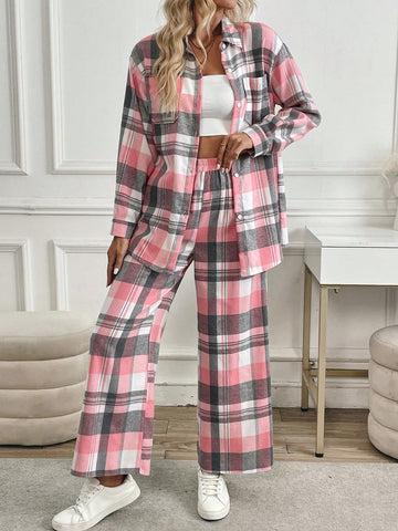 2pcs/Set Women Plaid Print Button Front Casual Long Sleeve Set 2pcs/Set Women Plaid Print Button Front Casual Long Sleeve Set