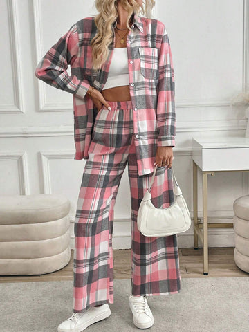 2pcs/Set Women Plaid Print Button Front Casual Long Sleeve Set 2pcs/Set Women Plaid Print Button Front Casual Long Sleeve Set