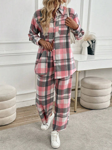 2pcs/Set Women Plaid Print Button Front Casual Long Sleeve Set 2pcs/Set Women Plaid Print Button Front Casual Long Sleeve Set