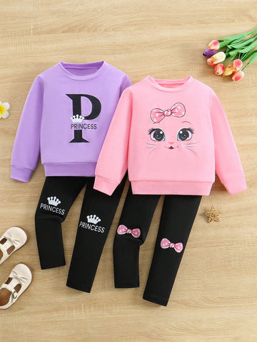 2pcs/Set Young Girl Autumn/Winter Outfit, Casual Cute Cartoon Cat Print Crew Neck Sweatshirt And Slim Fit Pants 2pcs/Set Young Girl Autumn/Winter Outfit, Casual Cute Cartoon Cat Print Crew Neck Sweatshirt And Slim Fit Pants