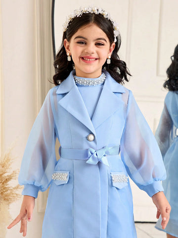 2pcs/Set Young Girl Elegant Lapel Collar Long Sleeve Belted Jacket & Sleeveless Dress Set 2pcs/Set Young Girl Elegant Lapel Collar Long Sleeve Belted Jacket & Sleeveless Dress Set