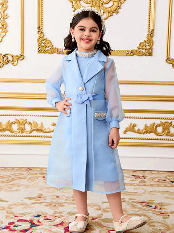 2pcs/Set Young Girl Elegant Lapel Collar Long Sleeve Belted Jacket & Sleeveless Dress Set 2pcs/Set Young Girl Elegant Lapel Collar Long Sleeve Belted Jacket & Sleeveless Dress Set