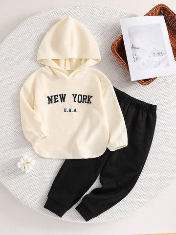 2pcs/Set Young Girl' Embroidered Contrast Color Cozy Fleece Sweatshirt And Pants Set 2pcs/Set Young Girl' Embroidered Contrast Color Cozy Fleece Sweatshirt And Pants Set