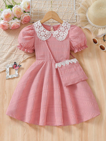 2pcs/Set Young Girl' Fashion Ruffle Collar Puff Sleeve Dress + Matching Minimalist Handbag 2pcs/Set Young Girl' Fashion Ruffle Collar Puff Sleeve Dress + Matching Minimalist Handbag