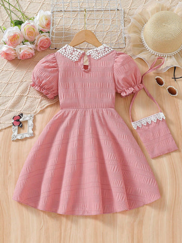 2pcs/Set Young Girl' Fashion Ruffle Collar Puff Sleeve Dress + Matching Minimalist Handbag 2pcs/Set Young Girl' Fashion Ruffle Collar Puff Sleeve Dress + Matching Minimalist Handbag