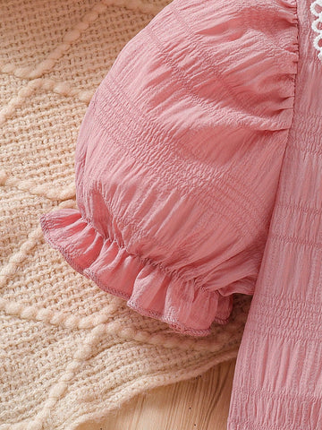 2pcs/Set Young Girl' Fashion Ruffle Collar Puff Sleeve Dress + Matching Minimalist Handbag 2pcs/Set Young Girl' Fashion Ruffle Collar Puff Sleeve Dress + Matching Minimalist Handbag