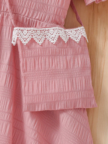 2pcs/Set Young Girl' Fashion Ruffle Collar Puff Sleeve Dress + Matching Minimalist Handbag 2pcs/Set Young Girl' Fashion Ruffle Collar Puff Sleeve Dress + Matching Minimalist Handbag