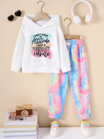 2pcs/Set Young Girl Graphic Print Hoodie And Tie Dye Sweatpants Set 2024 New Autumn Winter Casual Comfy 2pcs/Set Young Girl Graphic Print Hoodie And Tie Dye Sweatpants Set 2024 New Autumn Winter Casual Comfy