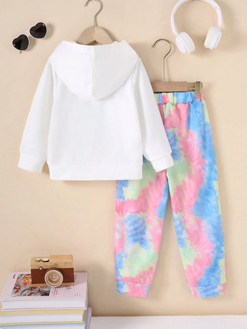 2pcs/Set Young Girl Graphic Print Hoodie And Tie Dye Sweatpants Set 2024 New Autumn Winter Casual Comfy 2pcs/Set Young Girl Graphic Print Hoodie And Tie Dye Sweatpants Set 2024 New Autumn Winter Casual Comfy
