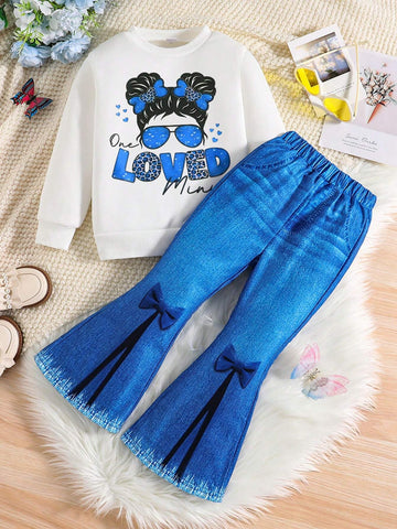 2pcs/Set Young Girl Letter Print Warm Lining Sweatshirt And Flared Pants Set 2pcs/Set Young Girl Letter Print Warm Lining Sweatshirt And Flared Pants Set