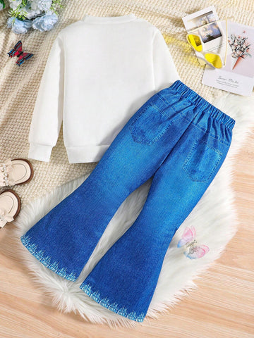 2pcs/Set Young Girl Letter Print Warm Lining Sweatshirt And Flared Pants Set 2pcs/Set Young Girl Letter Print Warm Lining Sweatshirt And Flared Pants Set