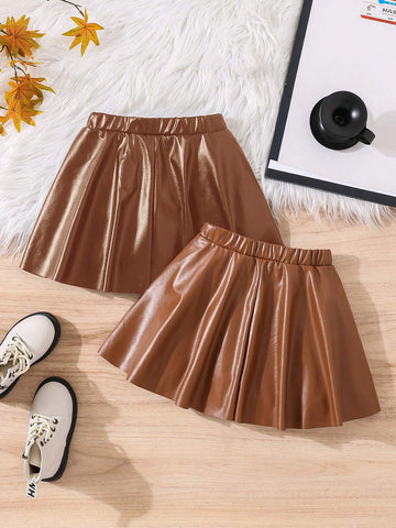 2pcs/Set Young Girl & Young Girl PU Leather Fan-Shaped Skirt, Suitable For Casual Daily Wear 2pcs/Set Young Girl & Young Girl PU Leather Fan-Shaped Skirt, Suitable For Casual Daily Wear