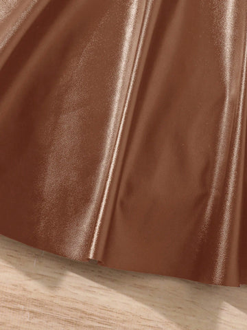 2pcs/Set Young Girl & Young Girl PU Leather Fan-Shaped Skirt, Suitable For Casual Daily Wear 2pcs/Set Young Girl & Young Girl PU Leather Fan-Shaped Skirt, Suitable For Casual Daily Wear