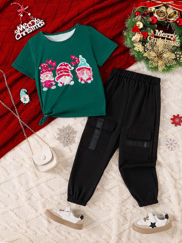 2pcs Cartoon Print Short Sleeve Top And Pants Set For Young Girls, Christmas 2pcs Cartoon Print Short Sleeve Top And Pants Set For Young Girls, Christmas