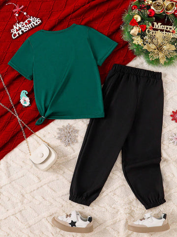 2pcs Cartoon Print Short Sleeve Top And Pants Set For Young Girls, Christmas 2pcs Cartoon Print Short Sleeve Top And Pants Set For Young Girls, Christmas