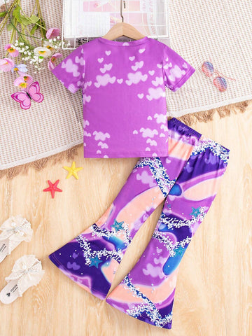 2pcs Girls Adorable Mermaid Printed Short Sleeve Top + Flare Pants Set 2pcs Girls Adorable Mermaid Printed Short Sleeve Top + Flare Pants Set