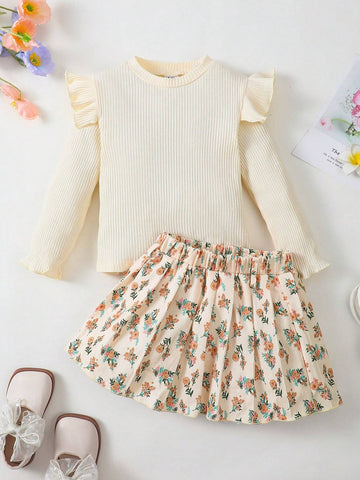 2pcs Girls Apricot Solid Ribbed Long Sleeve Top And Floral Printed Skirt Set, Spring Autumn 2pcs Girls Apricot Solid Ribbed Long Sleeve Top And Floral Printed Skirt Set, Spring Autumn