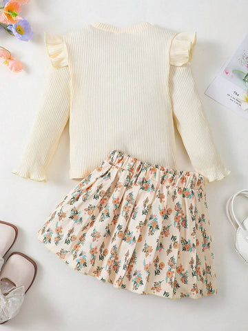 2pcs Girls Apricot Solid Ribbed Long Sleeve Top And Floral Printed Skirt Set, Spring Autumn 2pcs Girls Apricot Solid Ribbed Long Sleeve Top And Floral Printed Skirt Set, Spring Autumn