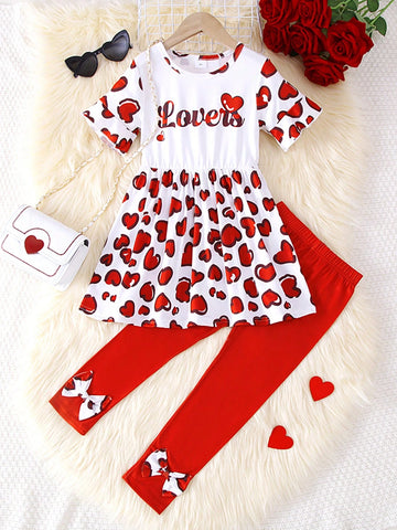 2pcs Girls Casual English Letter & Heart Print Short Sleeve Dress With Bow Tie Leggings Set, Spring/Summer, Valentine's Day 2pcs Girls Casual English Letter & Heart Print Short Sleeve Dress With Bow Tie Leggings Set, Spring/Summer, Valentine's Day