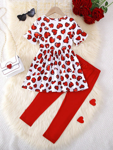 2pcs Girls Casual English Letter & Heart Print Short Sleeve Dress With Bow Tie Leggings Set, Spring/Summer, Valentine's Day 2pcs Girls Casual English Letter & Heart Print Short Sleeve Dress With Bow Tie Leggings Set, Spring/Summer, Valentine's Day
